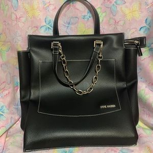 🦋 Steve Madden 15”x12” black faux leather tote handbag.